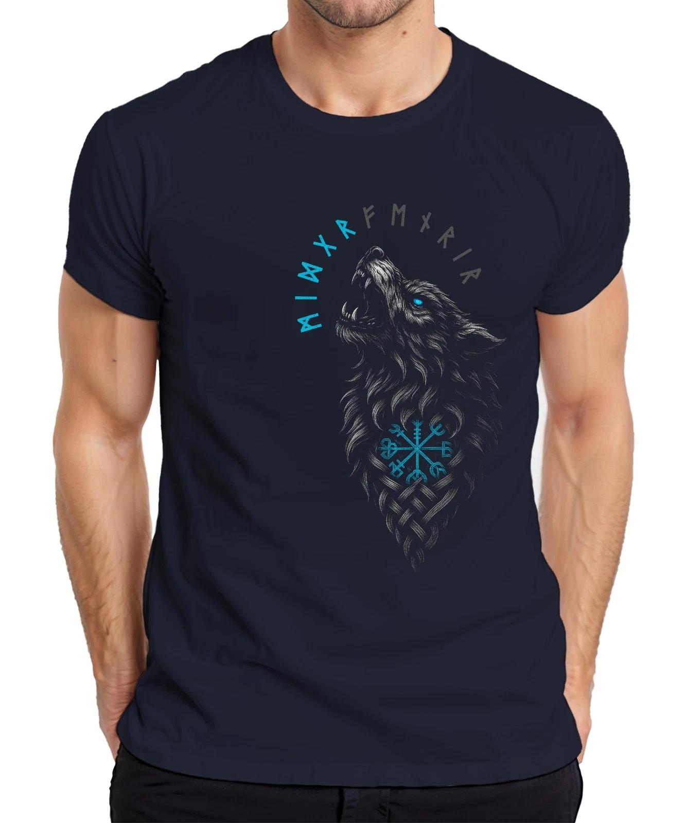 Wikinger Wolf nordisch Vegvisir Runen Valhalla Fenrir Kompass Herren T-Shirt XXXXL