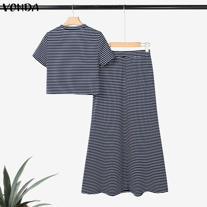 VONDA Two Pieces Women Sets Striped Short Sleeve Crop Tops and Long Skirts Outfits 