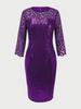Women's European & American Round Neck Shiny Slim Party Dress with Mesh Three-Quarter Sleeves