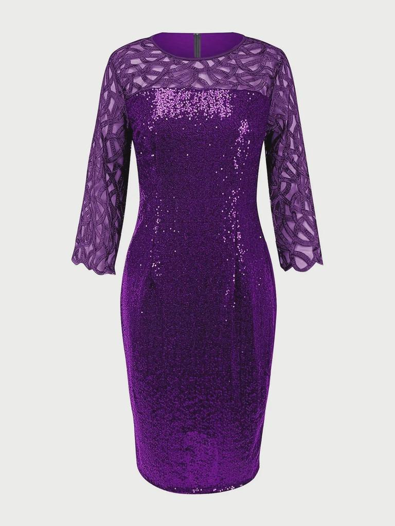 Women's European & American Round Neck Shiny Slim Party Dress with Mesh Three-Quarter Sleeves