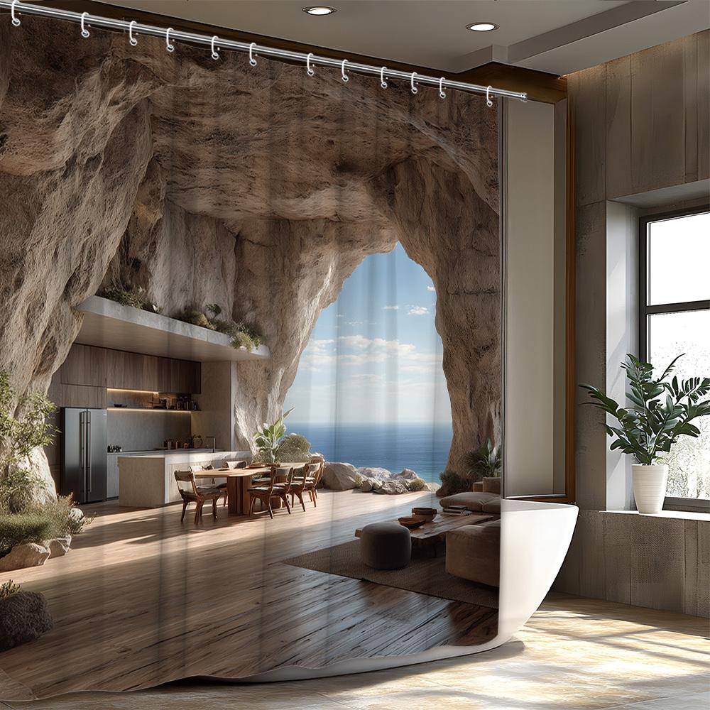 

Cave And Ocean View Shower Curtain 3D Printed Bathroom Decor Nature Inspired Home Fashion Design Trend W60H190(CM)-1 Pcs