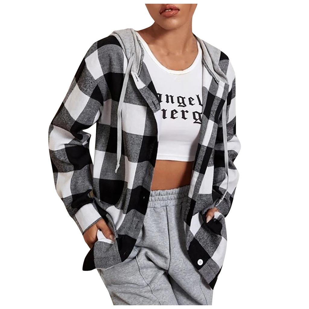 Fashion Women's Temperament Plaid Single-breasted Cardigan Hooded Long Sleeve Shirt