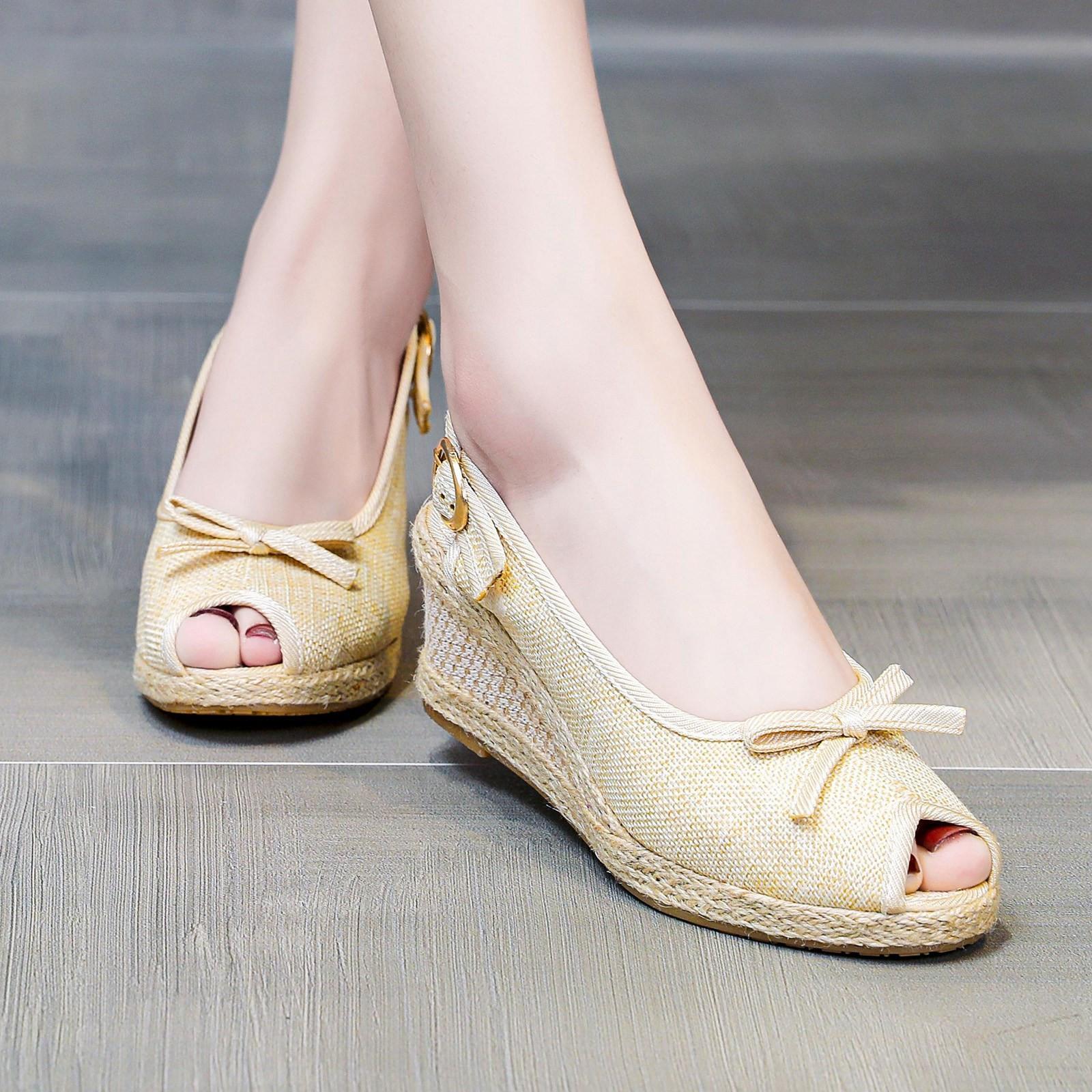 

Женские сандалии на танкетке, удобная повседневная обувь с открытым носком и плетением из пеньковой веревки 37 бежевый