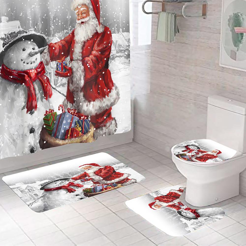 3X Christmas Bathroom Rug Set Non-Slip Bath Mat Toilet Lid Cover Christmas Decor