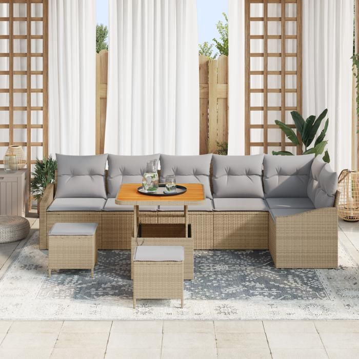 Ensemble de sofa de jardin 9 pièces avec coussins beige en Poly Rattan et acacia, Sofa de jardin 2 places avec coussins 3362672