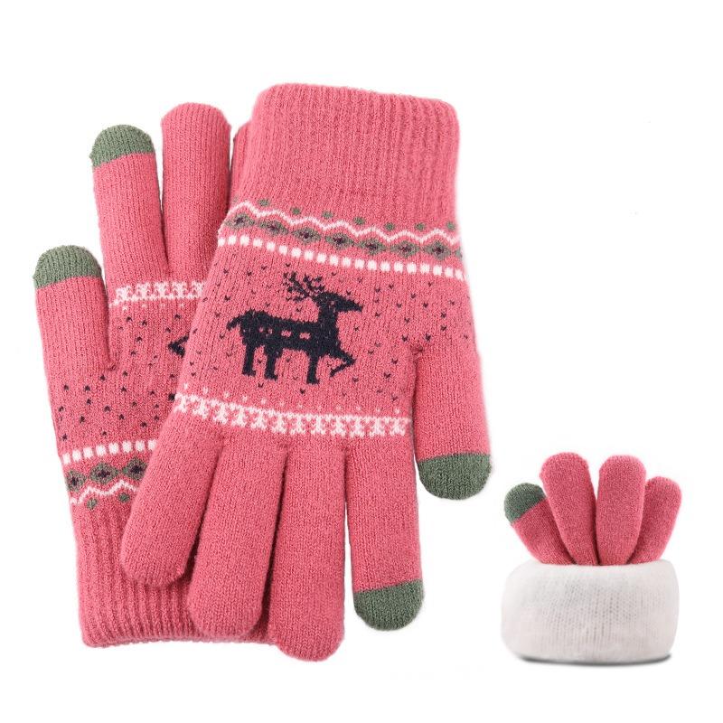 New Jacquard Double-layer Deer Touch Screen Gloves Autumn and Winter Women's Fleece Thickened Warm Wool Gloves