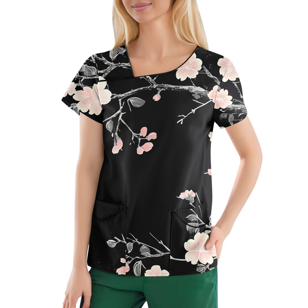 Women's Casual  Print Short Sleeve Sloping Collar Workwear Top With Double Pockets