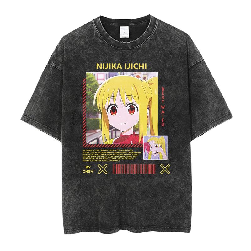 Men T-Shirt Bocchi The Rock Manga Ryo Top Print Vintage T-Shirt Basis O-Collar Black Shirt Short Sleeve Washed T-Shirt