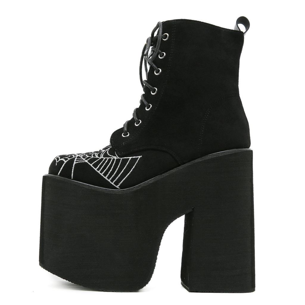 Gdgydh Damenstiefel Goth Spinnennetz Bestickte Schuhe Hoher Absatz Stiefeletten Hohe Plateauschuhe Qualität Mode Punk Klobige Absätze Reißverschluss