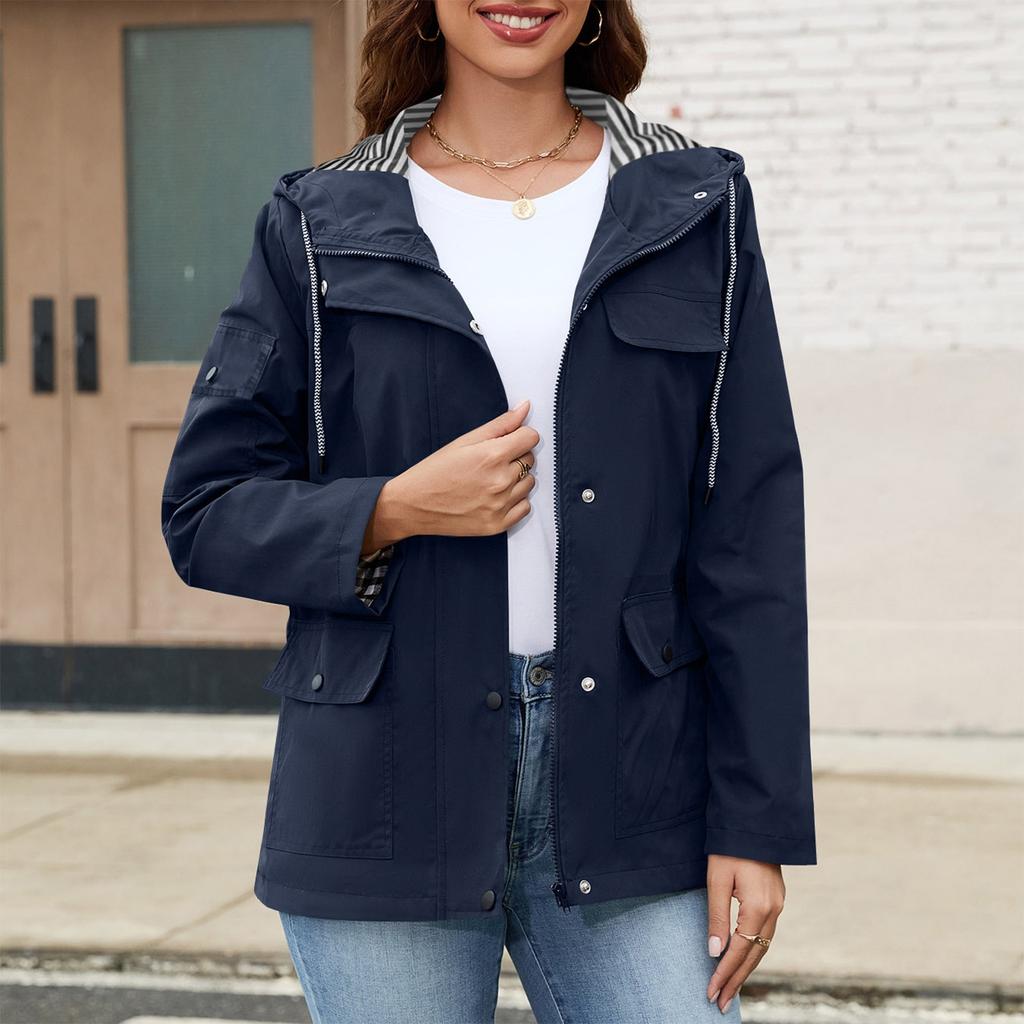 Damenmode Trenchcoat Einfarbig Langärmlig Kapuze Mehrere Taschen Jacke