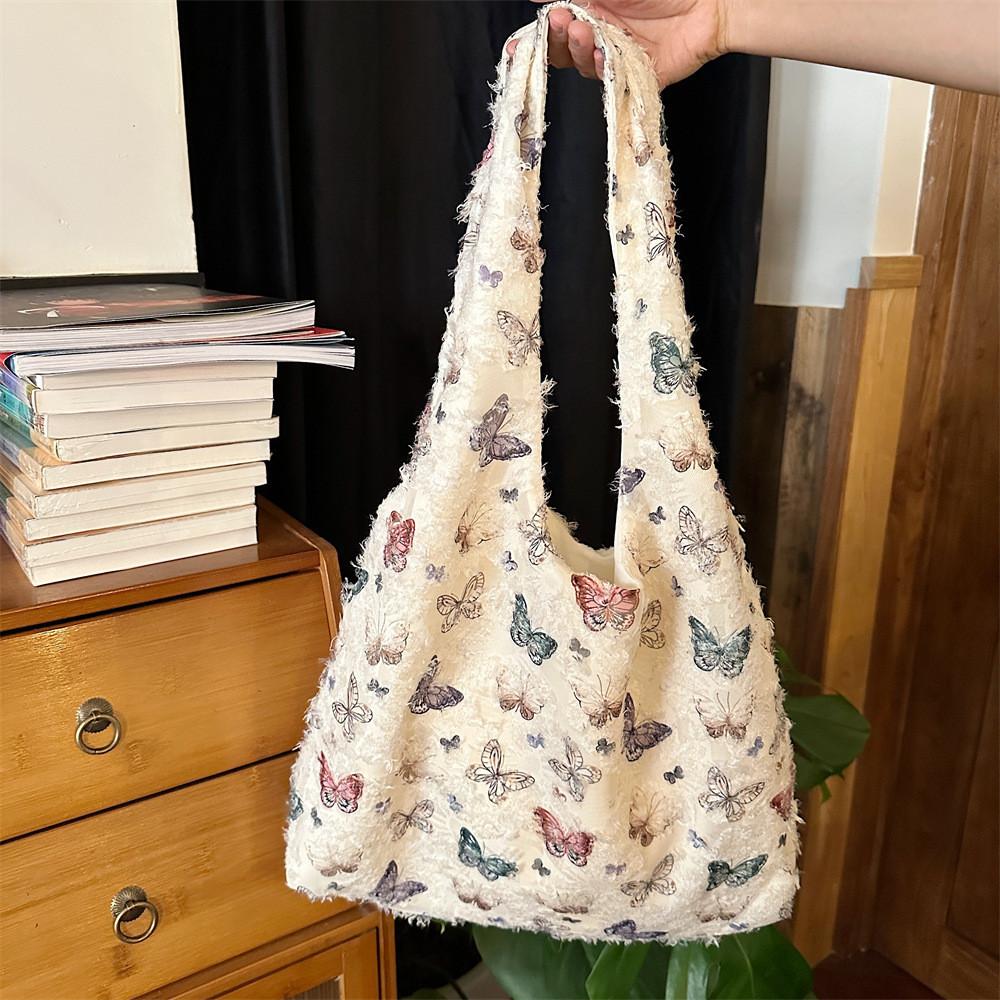 Trendy Lace Butterfly Canvas Tote Bag For Women With Large Capacity For Daily Use