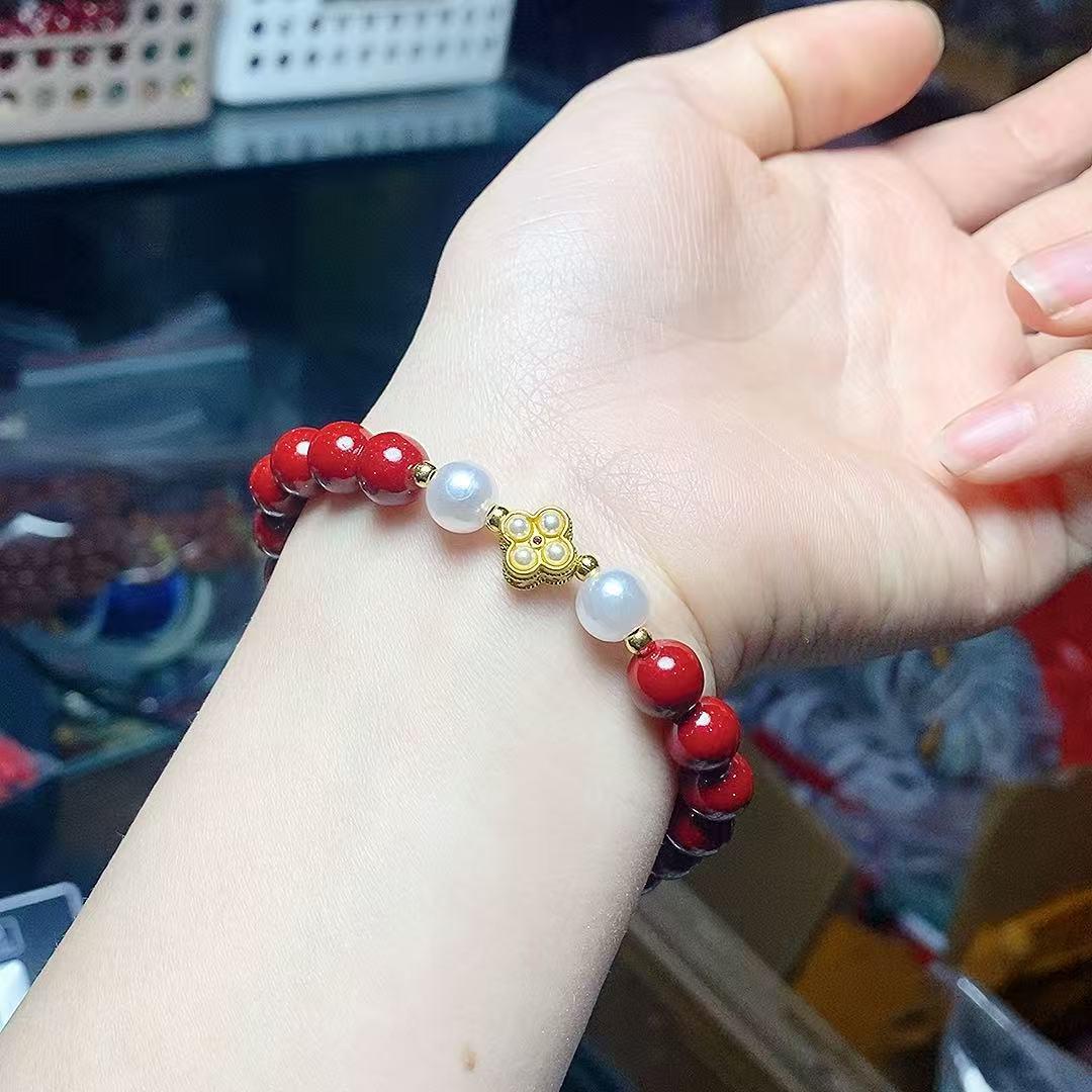 Four-Leaf Clover Cinnabar Gold Sand Zodiac Bracelet - Unisex Simple Design киноварь