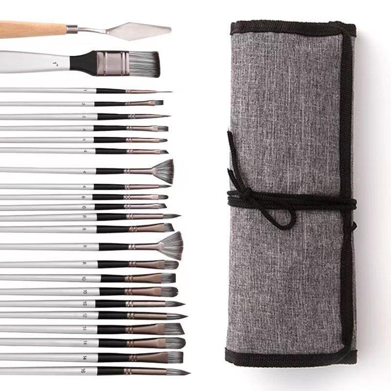 24-Piece Canvas Brush Set – Nylon Brushes for Oil, Gouache, and Watercolor Painting