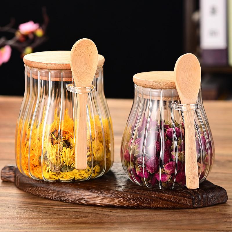 1 Pcs Glass Jars With Lids And Spoons Spice Beans Tea Glass Canisters Sealed Container For Yogurt Oatmeal Kitchen Accessories