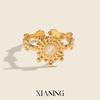 Xia Ling Retro Sunflower Open Ring - 18K Gold Plated Stainless Steel with Natural Stone Inlay