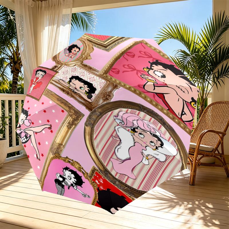 Betty Boop Print Automatic Open Close Umbrella, Portable Foldable Umbrella, for Outdoor Commute Camping Trip, Ideal Birthday Gift
