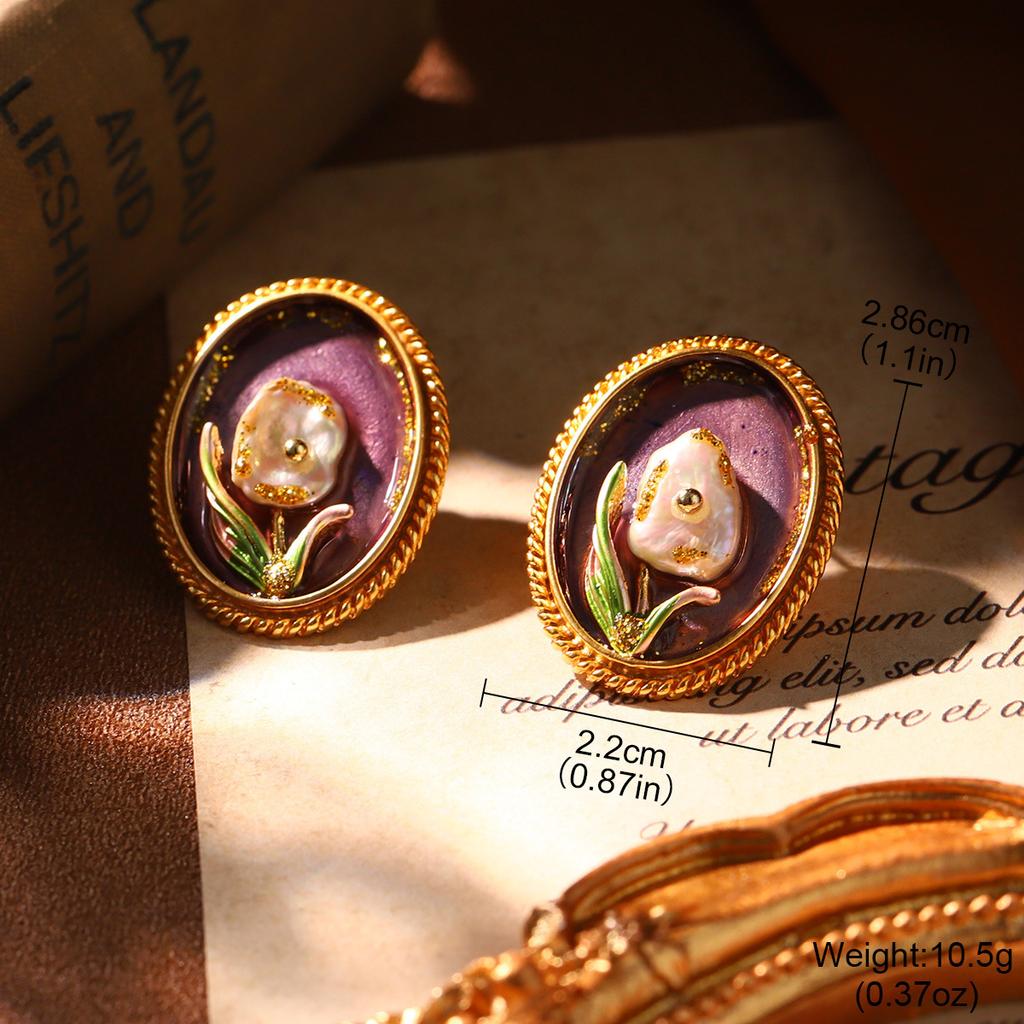 French court style natural pearl oil painting series niche high-end earrings retro new love geometric earrings women