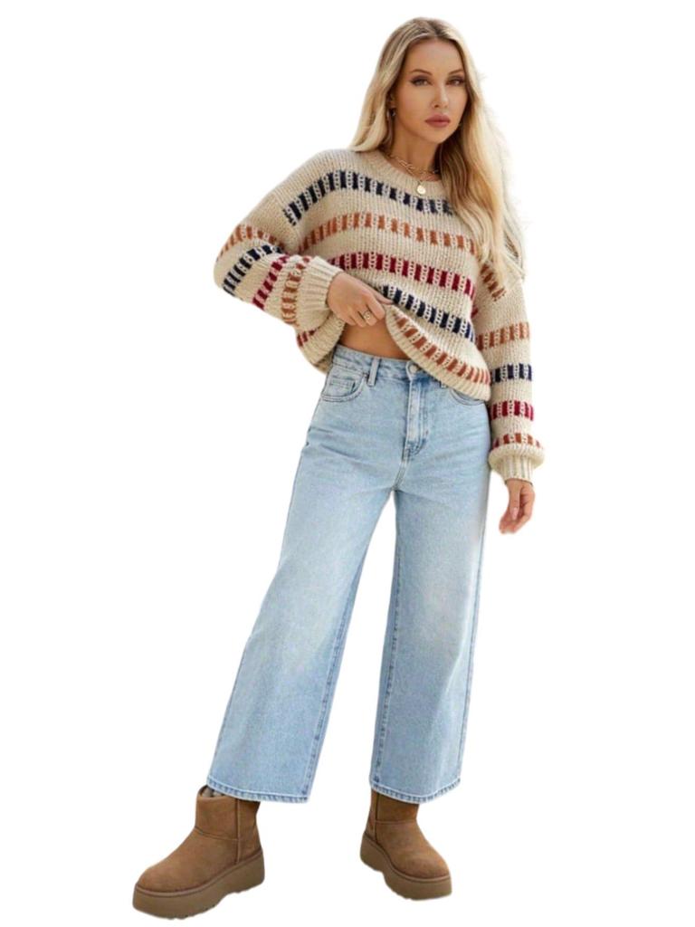 2026 Spring/Autumn Off-White Striped Chunky Knit Sweater with Loose Sleeves - Women's Casual Round Neck Knitwear