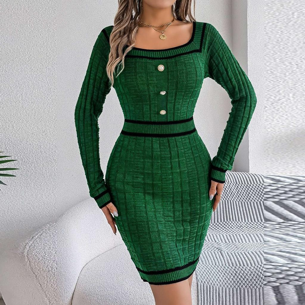 Women's Fashion Retro Colorblock Square Neck Button Long Sleeve Sweater Hip Dress