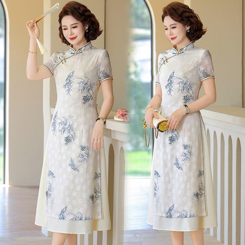 Mid-length Summer Printed Cheongsam for Middle-aged Women