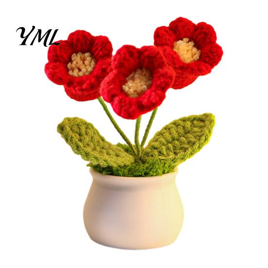 Handmade Yarn Flower Crochet Potted Decoration, Knit Artificial Sunflower Desktop Hand Knitted Plant Decor, Gift for Women, Mom, Teacher, Friend,