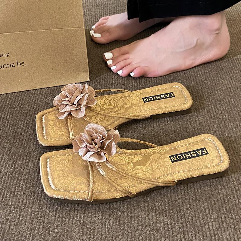 Fairy wind rose sweet one-word slippers female summer outer wear temperament with skirt open-toed flat-bottomed sandals shoes