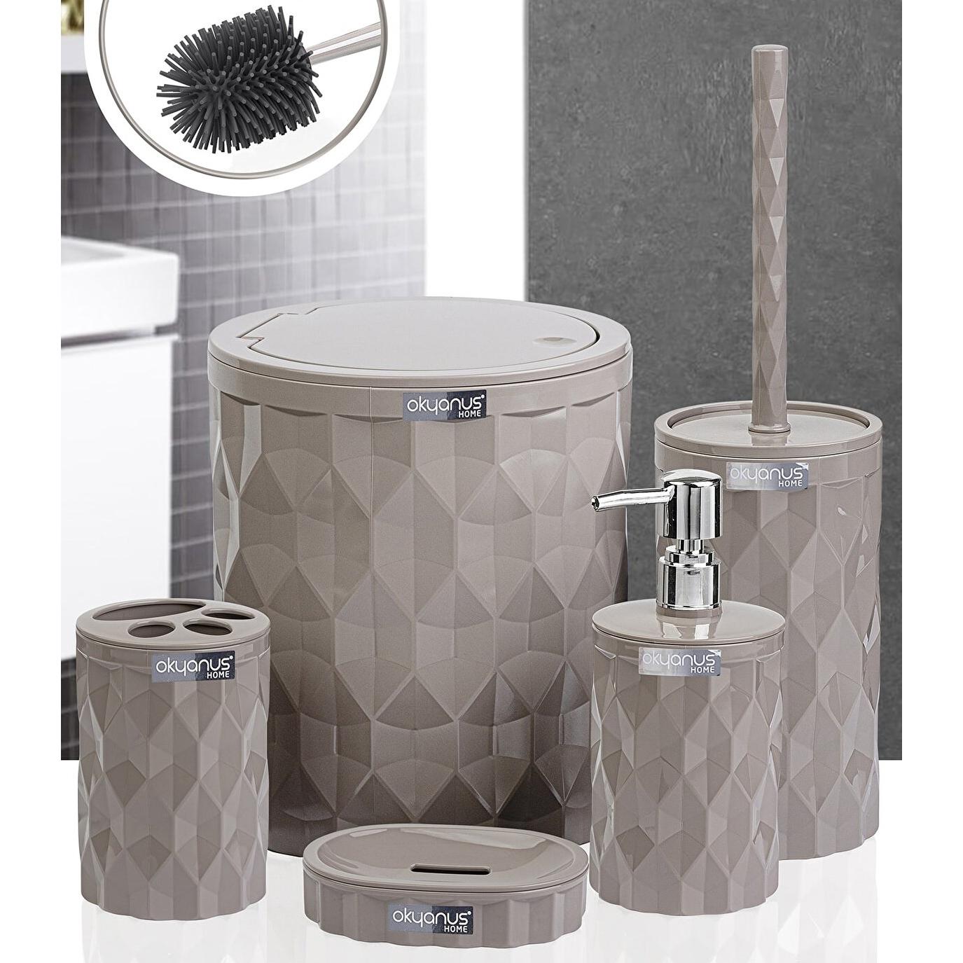 Set Salle De Bain 6 Pièces Gris - Porte-brosse à Dents, Distributeur Savon, Poubelle, Tasse, Porte-savon, Porte-balai WC