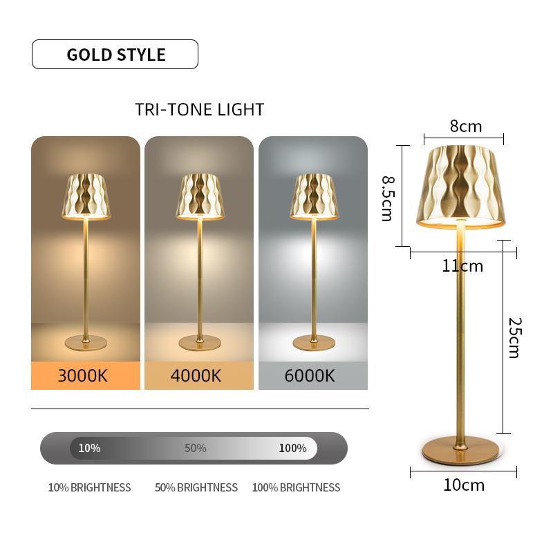 

Беспроводные настольные лампы 3 цвета Бесступенчатое затемнение Перезаряжаемая светодиодная настольная лампа для спальни, письменного стола, кафе, столовой, террасы, декоративная золотистый