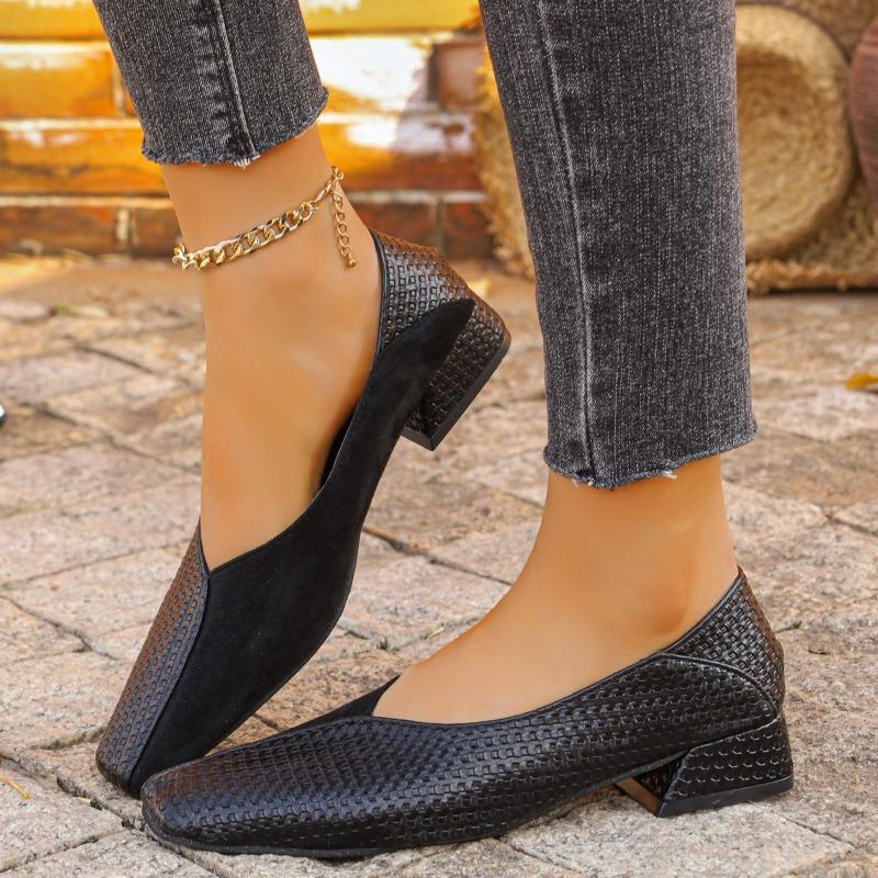 

New Women s Shoes Fashion Square Toe Shallow Mouth Splice Slip-on Square Heel Single Shoes 42 чорний