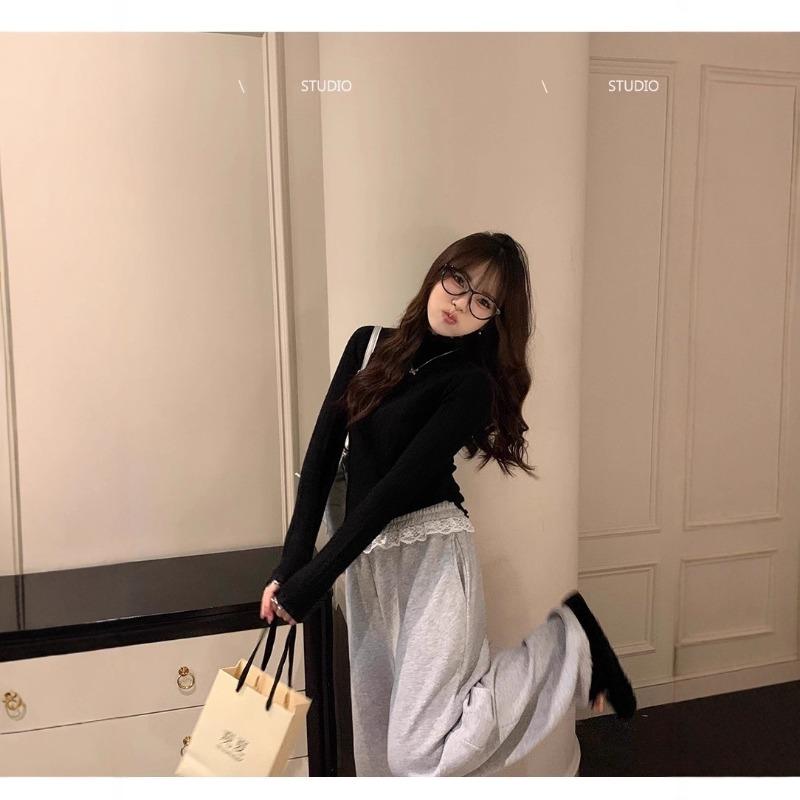 Lace bottoming shirt women's inner sweater new autumn white fungus edge knitted top