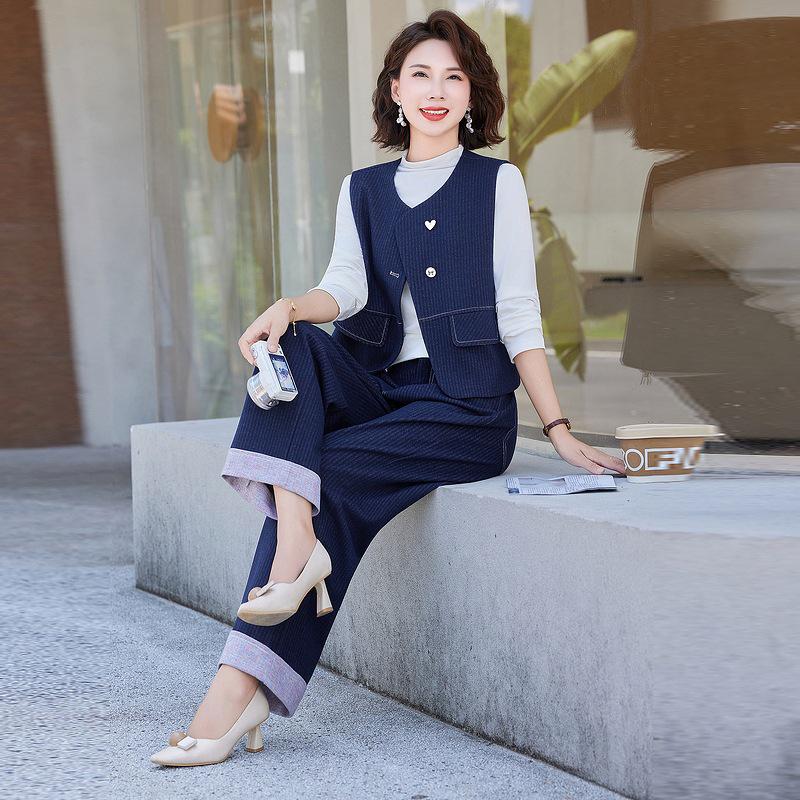 Hong Kong Retro Fashion Denim Blue Women's Set: 2025 Spring/Autumn Striped Patchwork Jacket & Wide-Leg Pants Two-Piece