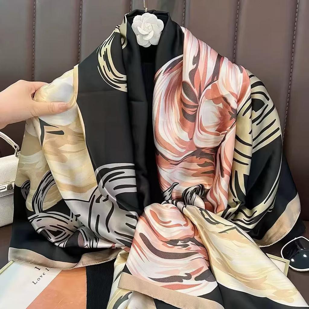 Classic versatile silk scarf women's spring and autumn summer thin mulberry silk scarf long beige plaid shawl dual-purpose