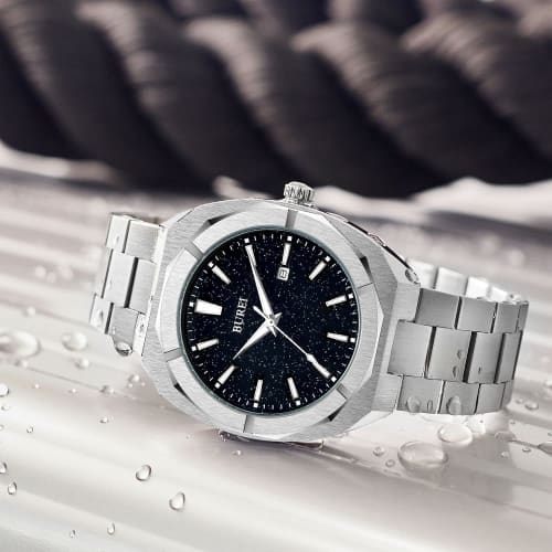 BUREI Men's Analog Quartz Watch, Simple Design, Waterproof, Black, Popular, Stylish, for Gentlemen, Business, Casual, Luminous, Watch T