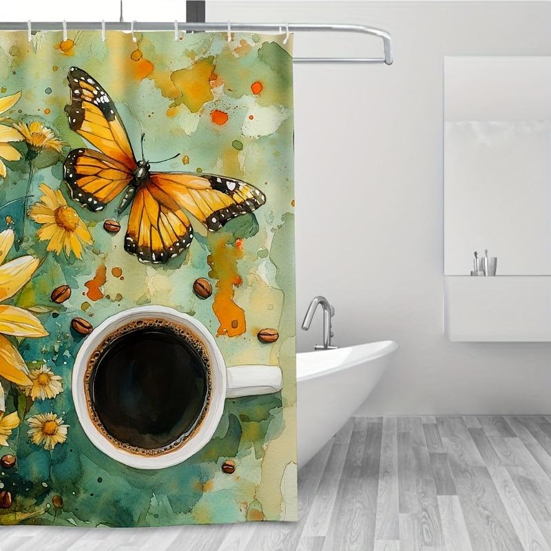 1pc Vibrant Yellow Daisies, Coffee & Butterflies Shower Curtain,  Durable Polyester, Easy Clean