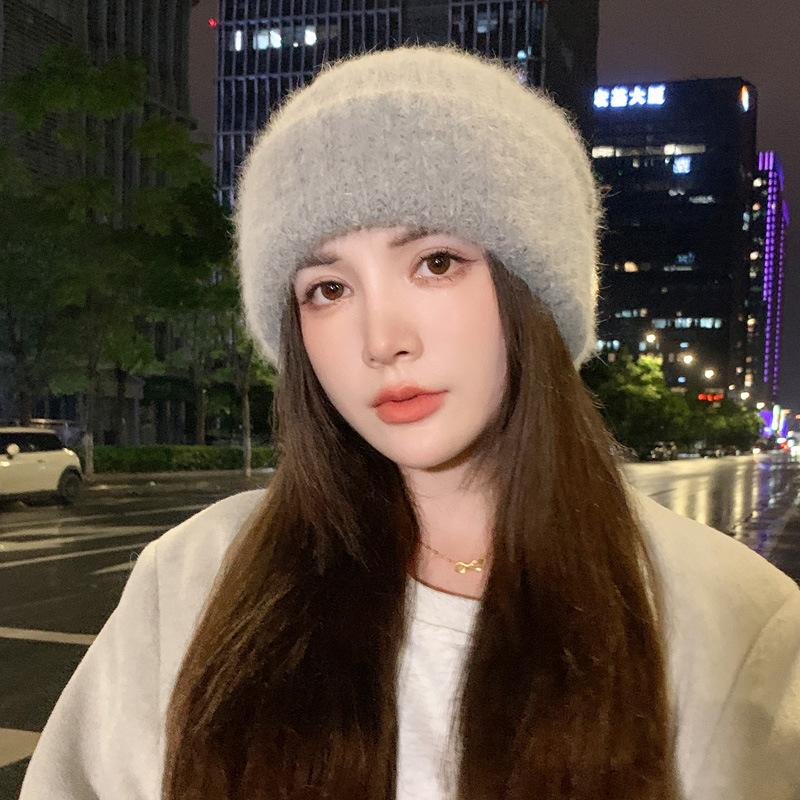 New hat women's big head circumference thickened stacking hat fashionable versatile warm show small face ear protection knitted wool hat