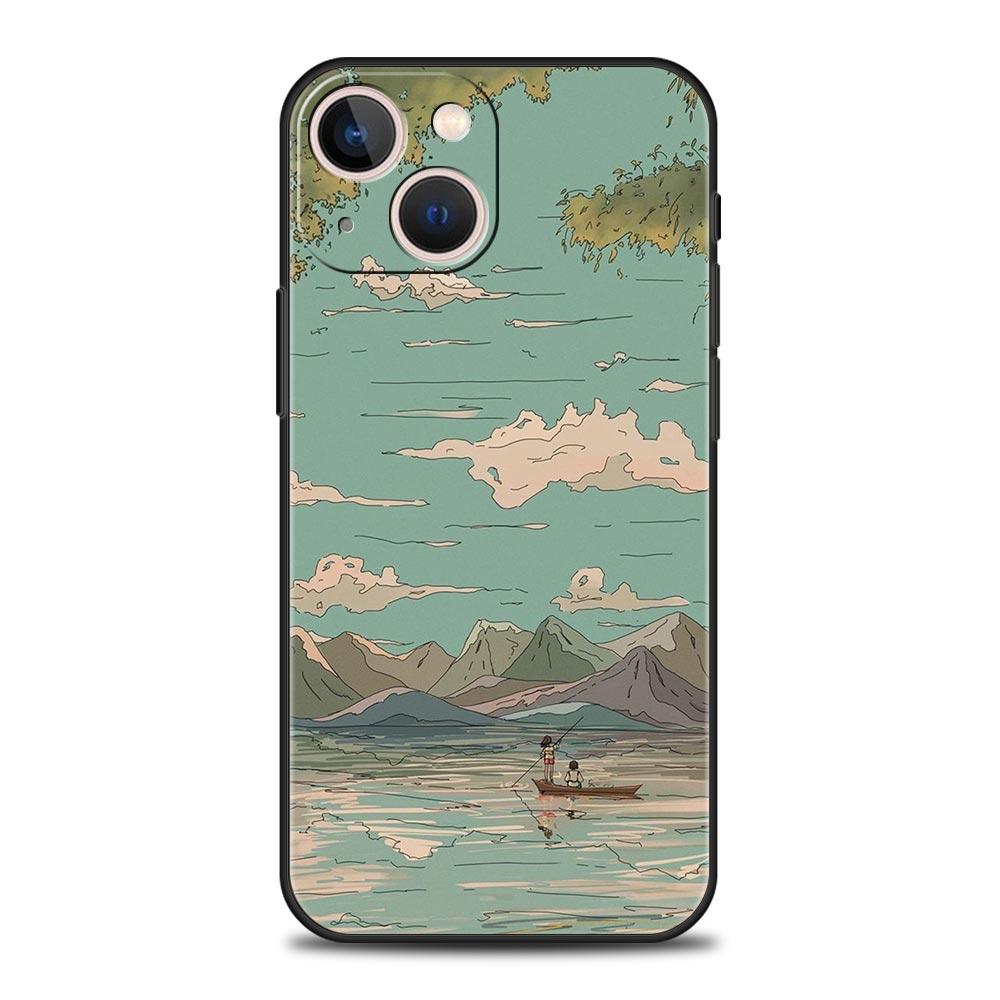 Japan Sunset Scenery Luxury Phone Case For iPhone 13 15 14 12 11 Pro MAX XR X SE XS 7 8 Plus Silicone Black Protection Cover