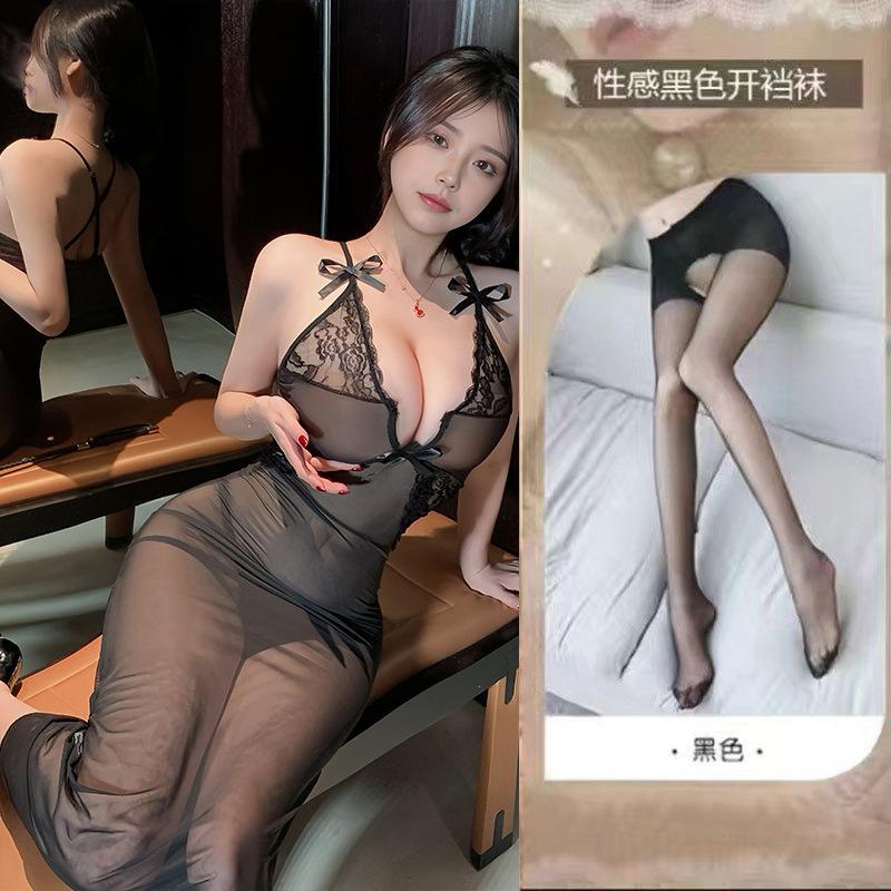 Sexy lingerie sexy perspective long dress female deep v suspender flirting seduction bed dating pure lust passion