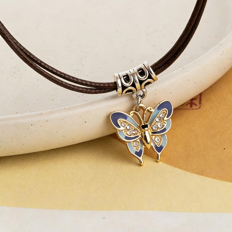 Blue Enamel Butterfly Pendants Necklace for Women Brown Rope Double Layers Chain Vintage Rope Chain Women s Neck Zircon