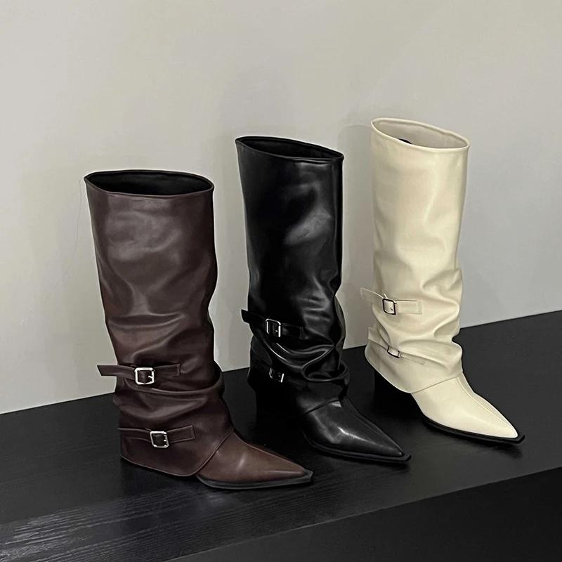 Fashion Retro Style Women Knee High Boots Fashion Belt Buckle Shoes Autumn Winter Wedges Heel Women's Knight Long Booties