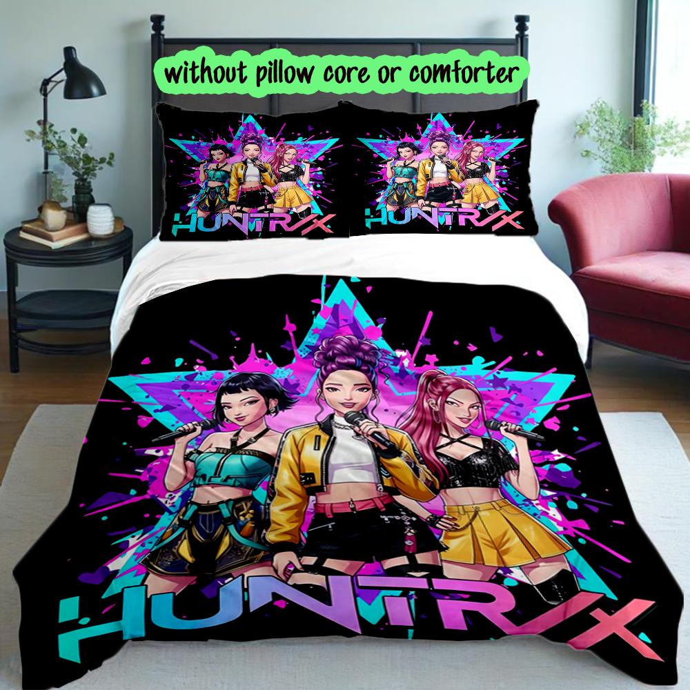 3pcs K-pop Hunter Pattern Duvet Cover and Pillowcases, Home Textiles Skin-friendly Machine Washable, Unique Birthday Gift