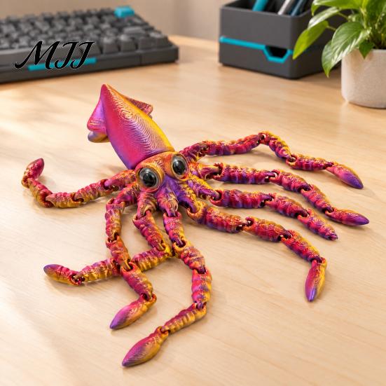 Articulated Ocean Creature Decor 3D Printed Squid Fidget Toy, Flexible Marine Animal Figure, Decompression Educational Cognitive Teaching Aid Sensory