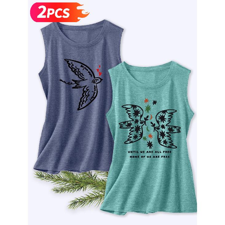 Follow a Specific Direction Two-piece Women's Vest Set Hand-drawn Swallow Vintage Print Elegant Summer Clothing Sleeveless Vest Essential Fashion