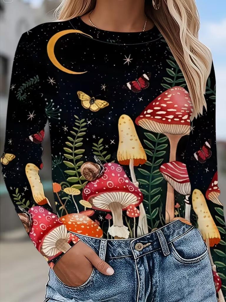 T-shirt da donna a maniche lunghe con scollo rotondo per primavera e autunno, stampa 3D, streetwear, casual, top larghi, magliette, taglie forti
