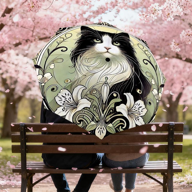 1PC Cat, floralAutomatic Open/Close Umbrella with Windproof, 8-Rib Sturdy Canopy, Durable Ribs, Fashionable Design, Outdoor Accessory, Fun Prin, Holid
