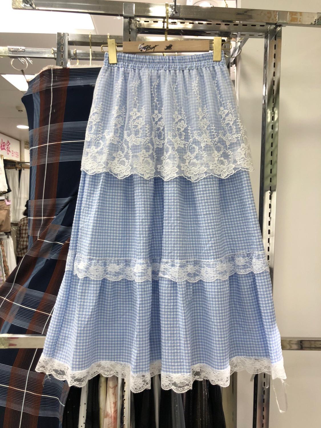 

Юбка в клетку с вышивкой из тяжелой промышленности, женская, весенне-летняя, универсальная, кружевная, юбка-торт, имитация двух частей, юбка-шторка one size fits all синий