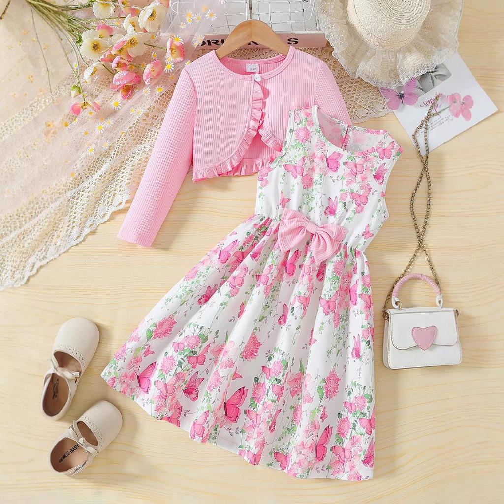 Spring-Autumn Girls' Princess Jacket & Vest Set: Long Sleeve Dress with Printed Vest