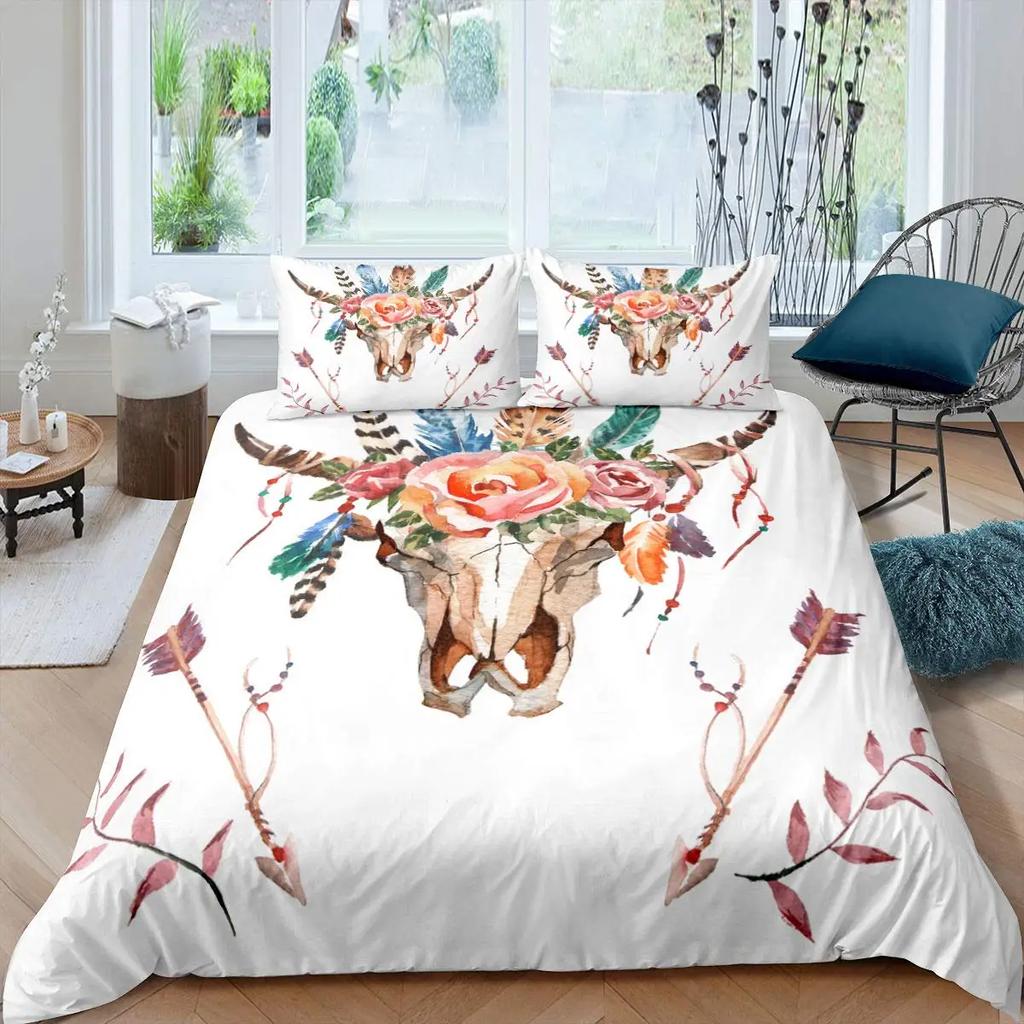 Bull Skull Duvet Cover Chic Feather Bedding Bohemian Exotic Branches Flower for Kids Teens Women Men Room Decoration Quilt Cover