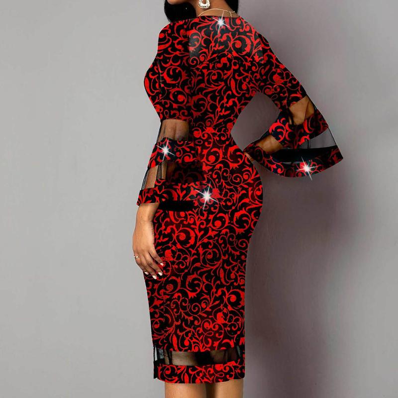 Elegantní dámské síťované potištěné šaty s výstřihem do V a lemováním