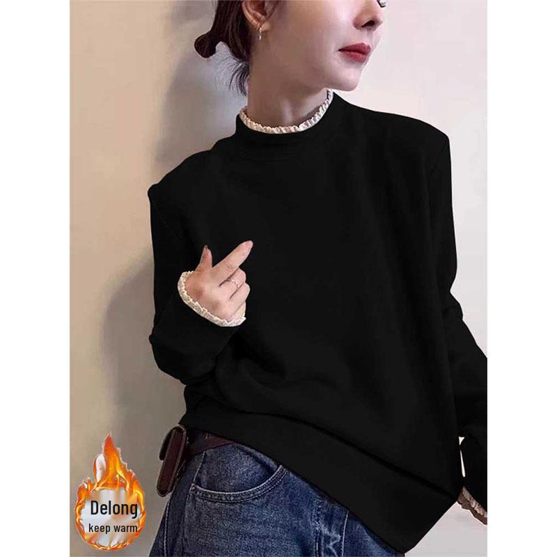 Color-Contrast Lace Half-High Collar Fleece Long-Sleeve Women's T-Shirt - 2026 Fashionable Casual Age-Defying Base Layer