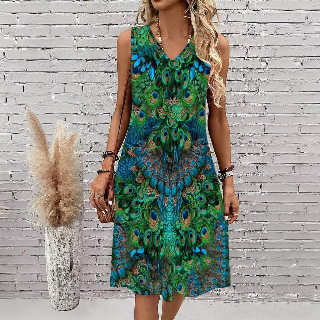 Plus Size V Neck Sleeveless Dress Green Hills Waterfall Natural Print For Outdoor Nature Exploration